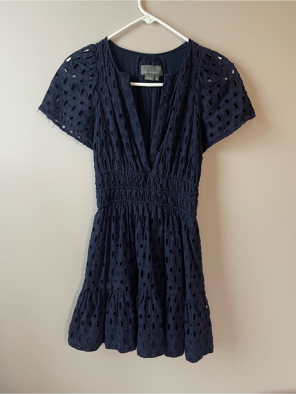 Anthropologie Navy Eyelet V-Neck Short Dress